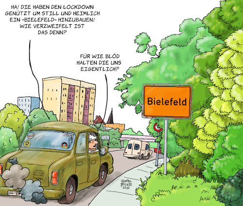 Cartoon: Die Bielefeldverschwörung (medium) by Karl Berger tagged verschwörung,bielefeld,schwurbler,aluhut,trotzdemwahlberechtigt,fakenews,alternativewahrheit
