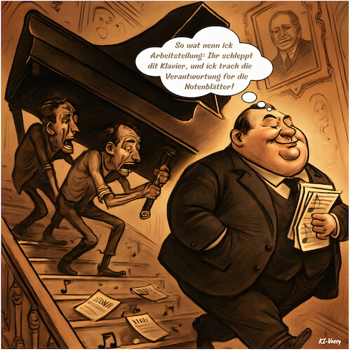 Cartoon: Arbeitsteilung (medium) by KI-Vossy tagged kapital,kapitalismus,arm,reich,arbeitsteilung,arbeit,arbeiter,ausbeutung,arbeitszeit,arbeitsbedingungen,klaviertransport,flügeltransport,klavier,flügel,musik,noten,notenblätter,berlinerisch,berlin,albern,dialekt,berlinern,kapital,kapitalismus,arm,reich,arbeitsteilung,arbeit,arbeiter,ausbeutung,arbeitszeit,arbeitsbedingungen,klaviertransport,flügeltransport,klavier,flügel,musik,noten,notenblätter