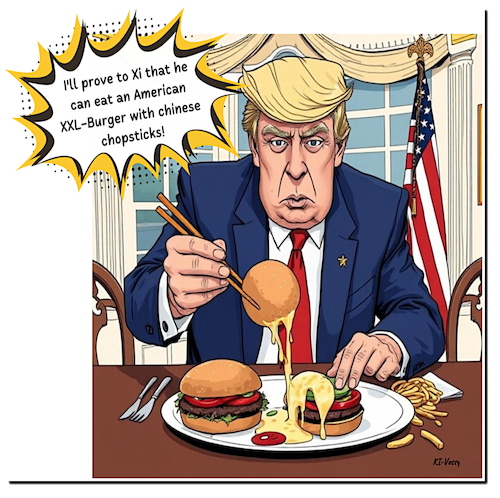 Cartoon: Bad table manners (medium) by A Human tagged inauguration,trump,usa,china,xijinping,hamburger,xxl,chopsticks,donald,politics,tablemanners,inauguration,trump,usa,china,xijinping,hamburger,xxl,chopsticks,donald,politics,tablemanners