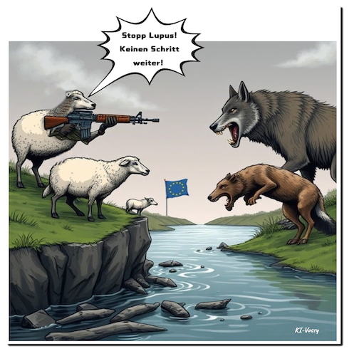 Cartoon: Der Problemwolf (medium) by A Human tagged wolf,wölfe,tierschutz,eu,deutschland,abschuss,wwf,schafe,nutztiere,geschützt,europa,flinte,lupus,wolf,wölfe,tierschutz,eu,deutschland,abschuss,wwf,schafe,nutztiere,geschützt,europa,flinte,lupus