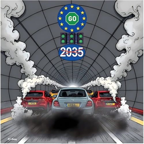Cartoon: Die Tunnelraser (medium) by KI-Vossy tagged eu,kommission,verbrenner,verbrenneraus,2035,verbieten,bundeskanzler,kanzler,friedrich,merz,cdu,regierung,bundesregierung,leyen,ursula,flottengrenzwerte,hocheffizient,tzitzikostas,technologie,fossil,autos,diesel,benzin,klimawandel,verbot,klimaschutz,eu,kommission,verbrenner,verbrenneraus,2035,verbieten,bundeskanzler,kanzler,friedrich,merz,cdu,regierung,bundesregierung,leyen,ursula,flottengrenzwerte,hocheffizient,tzitzikostas,technologie,fossile,brennstoffe,auto,autos,diesel,benzin,elektro,klimawandel,klimaschutz,tunnel,klimatunnel,umweltpolitik