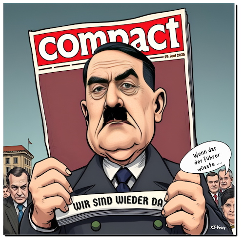 Cartoon: Freude durch Kraft (medium) by A Human tagged pressefreiheit,compact,hitler,bundesverwaltungsgericht,bvg,innenministerium,faeser,feinde,grundgesetz,kraft,rechtsextrem,verbot,deutschland,parteien,afd,demokratie,pressefreiheit,compact,hitler,bundesverwaltungsgericht,bvg,innenministerium,faeser,feinde,grundgesetz,kraft,rechtsextrem,verbot