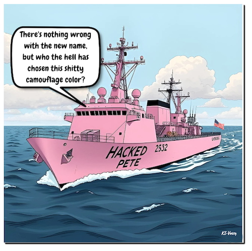 Cartoon: Pretty in Pink (medium) by A Human tagged us,defense,hegseth,pink,pete,navy,gay,milk,veteran,lgbtq,military,fleet,rename,vessel,ship,us,defense,hegseth,pink,pete,navy,gay,milk,veteran,lgbtq,military,fleet,rename,vessel,ship