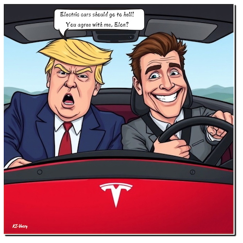 Cartoon: Tesla tax (medium) by A Human tagged usa,trump,musk,ecars,tesla,tax,steuern,elektromobilität,aktien,usa,trump,musk,ecars,tesla,tax,steuern,elektromobilität,aktien