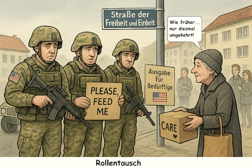 Cartoon: 1945 - 2025 (medium) by ArtyFicial tagged usa,us,army,streitkräfte,versorgung,sold,shutdown,care,paket,lebensmittelhilfe,hilfe