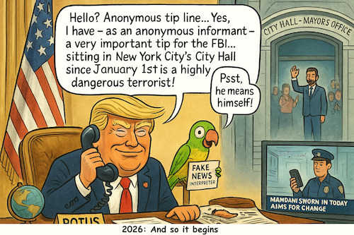 Cartoon: And so it begins (medium) by ArtyFicial tagged usa,new,york,city,trump,mamdani,mayor,election,muslim,socialist,wallstreet,judaism,zionism,capitalism,fight,left,right,communism,democrats,republicans