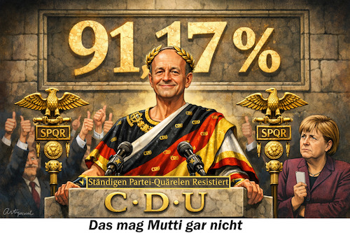 Cartoon: AVE Friedericus Maximus (medium) by ArtyFicial tagged cdu,parteitag,2026,friedrich,merz,ergebnis,wiederwahl,bundesvorsitzender,bundesvorsitz,parteichef,cäsar,merkel,mutti,sauer,ärgerlich,verärgert,ave,friedericus,maximus