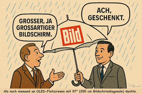 Cartoon: Bild-Schirm statt Flatscreen (medium) by ArtyFicial tagged bild,bildschirm,schirm,regenschirm,männer,herren,journalisten,regen,niesel,flatscreen