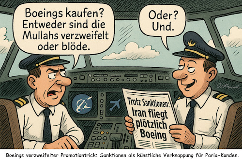 Cartoon: Boeing boing boing (medium) by ArtyFicial tagged boeing,iran,schmuggel,sanktionen,skandal,unfallträchtig,mullahs,regime,china,vietnam,kambodscha,boing