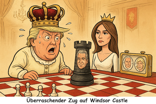 Cartoon: Böser Spuk auf Windsor Castle (medium) by ArtyFicial tagged usa,uk,staatsbesuch,windsor,castle,epstein,trump,melania,schach,turm,aktivisten,charles,camilla