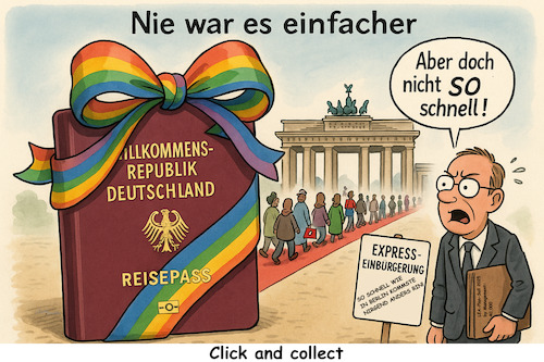 Cartoon: c and c nach Berliner Art (medium) by ArtyFicial tagged deutschland,staatsbürgerschaft,turbo,einbürgerung,digitalisierung,lea,berlin,management,entscheidung
