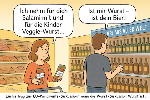 Cartoon: Diskussionsbeitrag (medium) by ArtyFicial tagged deutschland,wurst,fleisch,veggie,vegan,europaparlament,eu,parlament,supermarkt,verbraucher,einkäufer,mann,frau,salami,bier
