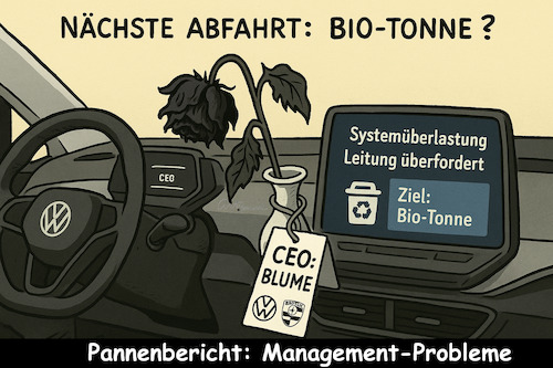 Cartoon: Durch die Blume (medium) by ArtyFicial tagged auto,automobilbranche,elektrofahrzeuge,mobilität,blume,vw,volkswagen,porsche,audi,konzern,management,fehler