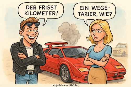 Cartoon: Einfach cool (medium) by ArtyFicial tagged auto,lambo,lamborghini,aufgetutnt,getunt,typ,aufreißer,angeber,blondine,vegetarier,wegetarier,kilometerfresser,kilometer,raser,schnellfahrer,karre