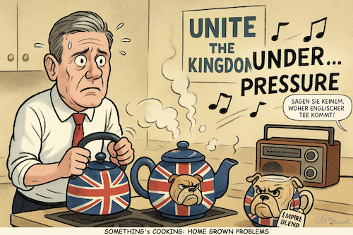 Cartoon: Es brodelt (medium) by ArtyFicial tagged uk,gb,united,kingdom,großbritannien,vereinigtes,königreich,england,regierung,starmer,labour,migration,demo,unite,the,under,pressure,tee,indien,einwanderung,druck,kessel,teekessel,küche
