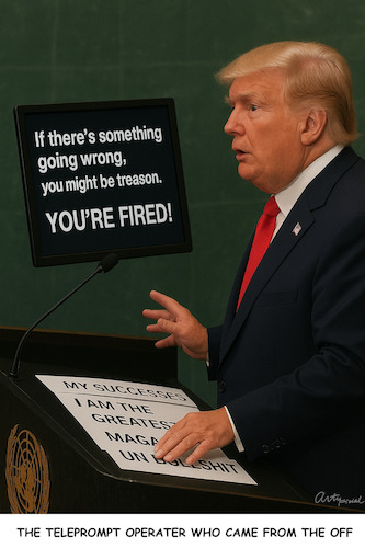 Cartoon: In big trouble (medium) by ArtyFicial tagged un,general,assembley,speech,trump,teleprompter,operator,big,trouble,secret,lifted,from,the,off