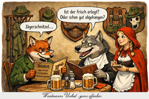 Cartoon: Jägerschnitzel (medium) by ArtyFicial tagged reineke,fuchs,isegrim,wolf,jäger,jägerschnitzel,rotkäppchen,gaststube,fabel,fabelhaft