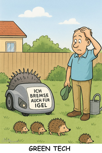 Cartoon: Jederzeit (medium) by ArtyFicial tagged grüne,regeln,regelwut,überregulierung,tierschutz,artenschutz,mähroboter,sensoren,igel,hindernisse,stopp,steuerung,schutz