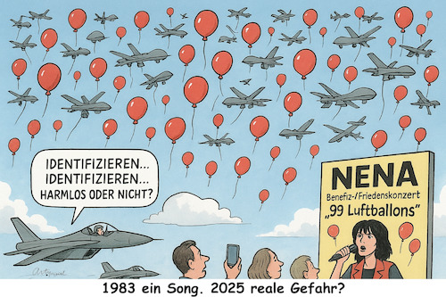 Cartoon: Prophetisch (medium) by ArtyFicial tagged 99,luftballons,nena,kriegsgefahr,krieg,weltkrieg,angst,verwechselung,fehler,provokation,spiel,mit,dem,feuer,risiko,fehleinschätzung,versagen,menschlich,technisch,jets,drohnen,flugzeuge,luftraum,verletzung