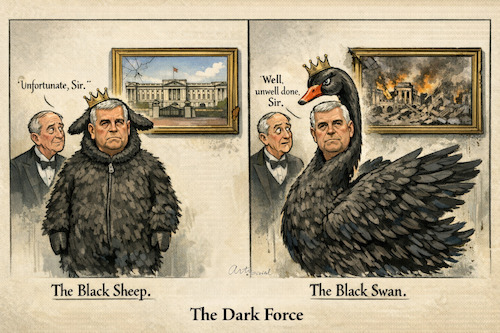 Cartoon: Royal Dark Force (medium) by ArtyFicial tagged uk,gb,british,britain,royals,monarchy,andrew,mountbatten,windsor,buckingham,palace,destruction,family,black,sheep,swan,evil,expected,unexpected,dark,force