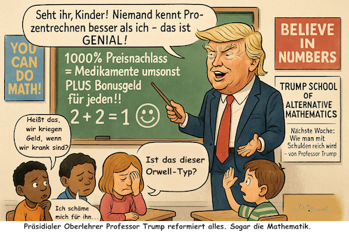 Cartoon: Schlimm schlimmer Trump (medium) by ArtyFicial tagged trump,mathematik,mathe,rechnen,prozent,prozente,prozentrechnen,medikamente,pharma,preise