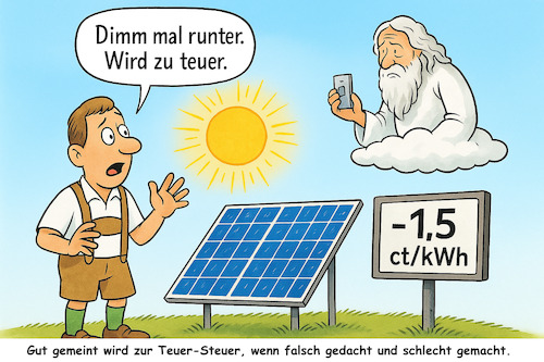 Cartoon: Sonnebare Preisentwicklung (medium) by ArtyFicial tagged energiewende,solar,solarstrom,negativpreis,speicher,netz,mangel,überschuss,produktionsüberschuss,stromüberschuss,steuer,steuerzahler,belastung,fehlplanung,umsetzung,fehler,dumm,dummheit,idiotie,markt,marktentwicklung,preis,preisentwicklung,preisverzerrung,marktverzerrung,logik,marktlogik