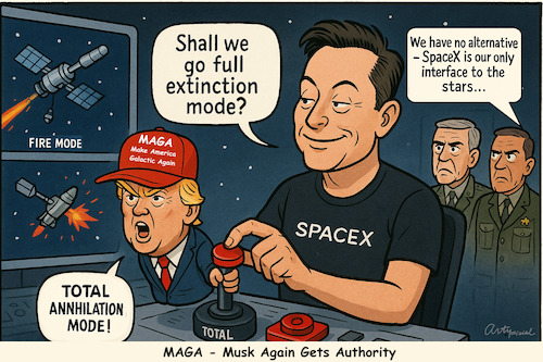 Cartoon: SpaceX is a Powertool (medium) by ArtyFicial tagged trump,musk,spacex,power,couple,monopoly
