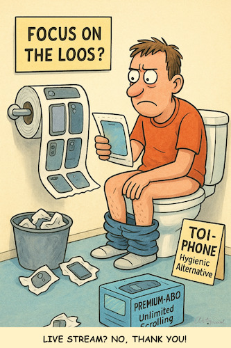 Cartoon: TOI TOI TOI (medium) by ArtyFicial tagged wc,toilette,loo,bathroom,restroom,phone,smartphone,hygiene,focus,toi