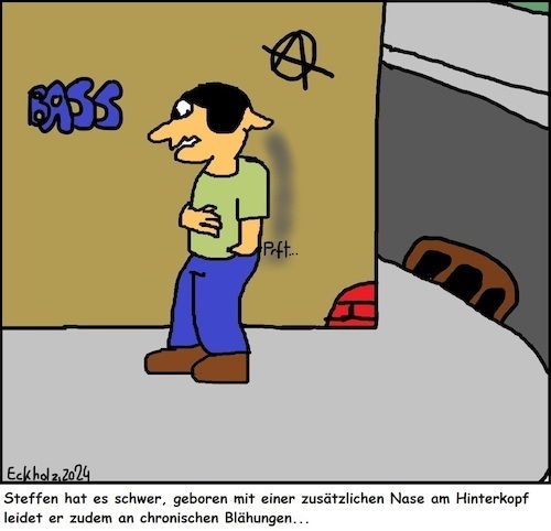 Cartoon: Steffen... (medium) by Kruscha tagged steffen,furz,blähungen,gestank,gesundheit,magenbeschwerden,darmbeschwerden,flatulenzen,mann