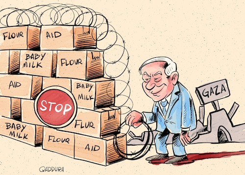 Cartoon: Netanyahu exploits humanitarian (medium) by Ahmad Qaddura tagged netanyahu