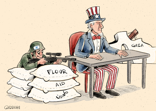 Cartoon: Trap at the U.S. Aid Center (medium) by Ahmad Qaddura tagged gaza