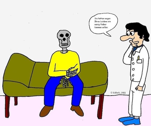 Cartoon: Zu spät... (medium) by Kritzelchaot tagged arzt,skelett,krankheit,leiden,verspätung,patient,tod