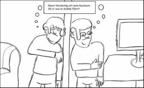 Cartoon: Verdächtig still beim Nachbarn (medium) by Honk1978 tagged verdächtig,stille,nachbar,unbehagen,paranoia,stadtleben,gesellschaft,misstrauen,argwohn,männer,nachbarschaft,nähe,umfeld