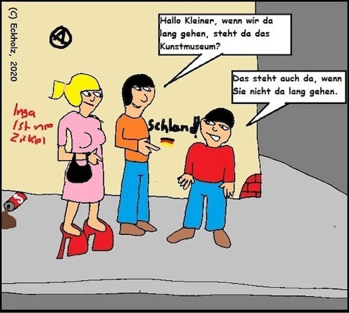 Cartoon: Wo ist das Kunstmuseum? (medium) by Kritzeltonne tagged wegbeschreibung,mann,frau,junge,knabe,kunstmuseum,tourismus,stadt,stadtalltag,reisen
