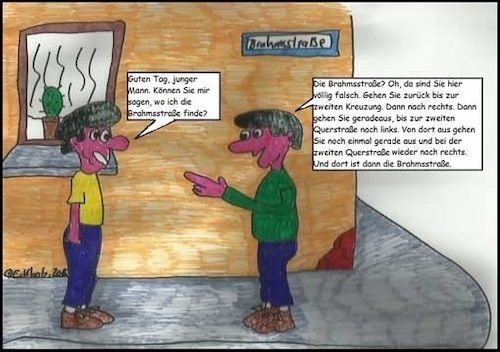 Cartoon: Wo ist die Brahmsstraße? (medium) by Kritzeltonne tagged männer,brahmsstrasse,stadtalltag,reisen,unterwegs,tourist,brahms