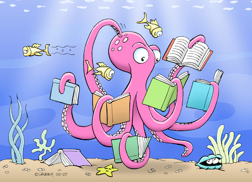 Cartoon: Analog multitasking (medium) by Rovey tagged oktopus,krake,octopus,fische,fish,unterwasserwelt,multitasking,doppelbelastung,adhs,stimulus,overload,overstimulation,stress,reizüberflutung,medien,lesen,bücher,tiere,buch,lesevergnügen,internationaler,lesetag,weltlesetag,literatur,booknerd,nerd,reading,animals,underwater,world,submarine,books,book,international,day,pleasure,lernen,learning,oktopus,krake,octopus,fische,fish,unterwasserwelt,multitasking,doppelbelastung,adhs,stimulus,overload,overstimulation,stress,reizüberflutung,medien,lesen,bücher,tiere,buch,lesevergnügen,internationaler,lesetag,weltlesetag,literatur,booknerd,nerd,reading,animals,underwater,world,submarine,books,book,international,day,pleasure,lernen,learning