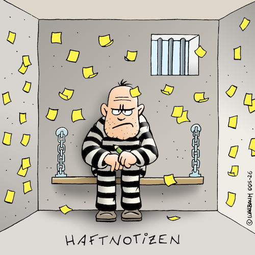 Cartoon: Haftnotizen (medium) by Rovey tagged sträfling,gefangenschaft,gefängnis,gefangener,häftling,strafvollzug,haftanstalt,haftnotizen,postit,stickynotes,papierliebe,notizzettel,notizen,schreiben,stift,klebezettel,gelb,verrückt,gestört,langeweile,einsamkeit,cartoon,illustration,handmade,humanmade,zeichnung,handgemacht,sträfling,gefangenschaft,gefängnis,gefangener,häftling,strafvollzug,haftanstalt,haftnotizen,postit,stickynotes,papierliebe,notizzettel,notizen,schreiben,stift,klebezettel,gelb,verrückt,gestört,langeweile,einsamkeit,cartoon,illustration,handmade,humanmade,zeichnung,handgemacht
