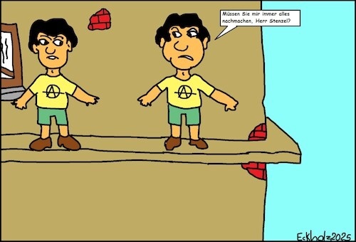 Cartoon: Herr Stenzel... (medium) by Moppel tagged stalking,nachahmung,homosexualität,horror,männer,verfolgung,verfolgungswahn,gesellschaft,suizid,selbstmord