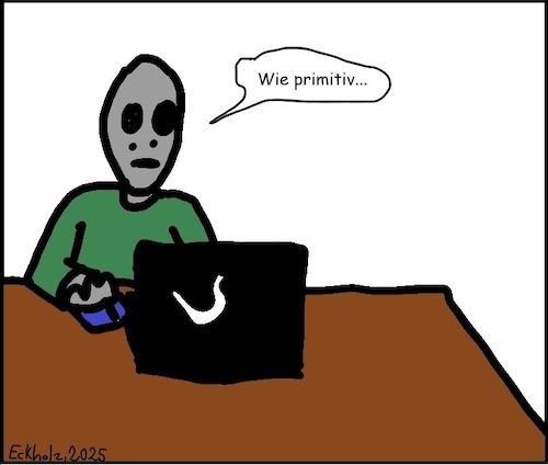 Cartoon: Wie primitiv... (medium) by Kritzelsven tagged primitiv,alien,laptop,technologie,medien,internet,elektronik,science,fiction,ausserirdische,intelligenz,ki,fortschritt
