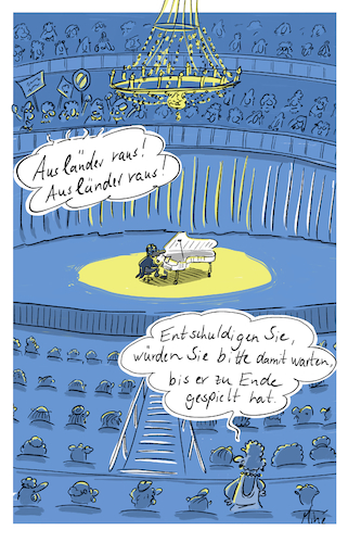 Cartoon: Der Pianist (medium) by MineCartoons tagged rassismus,ausländerfeindlichkeit,ausländer,konzert,scheinheiligkeit