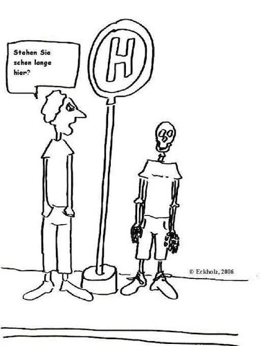 Cartoon: An der Bushaltestelle... (medium) by SK1978 tagged bushaltestelle,skelett,männer,warten,ausdauer,tod,verspätung,bus,haltestelle,öpnv,nahverkehr