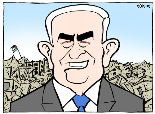 Cartoon: Netanyahu the destroyer! (medium) by Kik tagged bibi,netanyahu,gaza,israel,palestine,palestinians,dead,death,war,genocide,hunger,murder