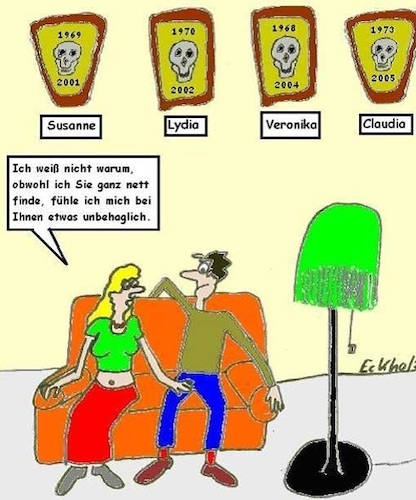 Cartoon: Unbehaglichkeit... (medium) by Mr Speck tagged unbehagen,unwohlsein,serienmörder,beziehung,mann,frau,mord,serientäter,tod,angst,paranoia,gesellschaft,verbrechen,delikt,sexualstraftäter,gesundheit