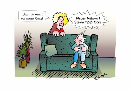 Cartoon: Angst vor Krieg (medium) by Bernd Eisert tagged mutter,kind,sofa,handy,spiel,krieg,tote,mutter,kind,sofa,handy,spiel,krieg,tote