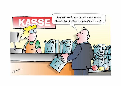 Cartoon: Benzin-Schnäppchen (medium) by Bernd Eisert tagged benzin,energie,preis,wucher,vorrat,senkung,kasse,kanister,benzin,energie,preis,wucher,vorrat,senkung,kasse,kanister