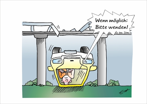 Cartoon: Bitte wenden (medium) by Bernd Eisert tagged auto,brücke,unfall,navi,rat,auto,brücke,unfall,navi,rat
