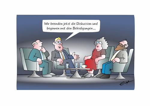 Cartoon: Diskussionsrunde (medium) by Bernd Eisert tagged diskussion,beleidigungen,gesprächsrunde,teilnehmer,moderator,diskussion,beleidigungen,gesprächsrunde,teilnehmer,moderator