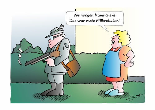 Cartoon: Jagdglück (medium) by Bernd Eisert tagged garten,jäger,schuss,gewehr,kaninchen,mähroboter,garten,jäger,schuss,gewehr,kaninchen,mähroboter