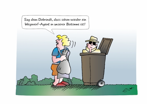 Cartoon: Wegwerfagent (medium) by Bernd Eisert tagged hybride,gefahr,sabotage,spionage,feind,agent,hausfrau,biotonne,frust,dobrindt,ausland,angriff,hybide,gefahr,sabotage,spionage,feind,agent,hausfrau,biotonne,frust,dobrindt,ausland,angriff