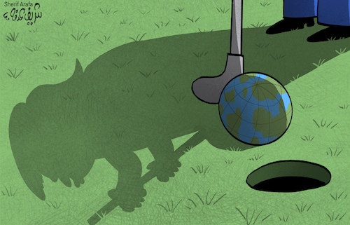 Cartoon: Trump (medium) by Sherif Arafa tagged trump,trump,golf,world,politics,environment,end,of,destroyer,toll,tariff,duty